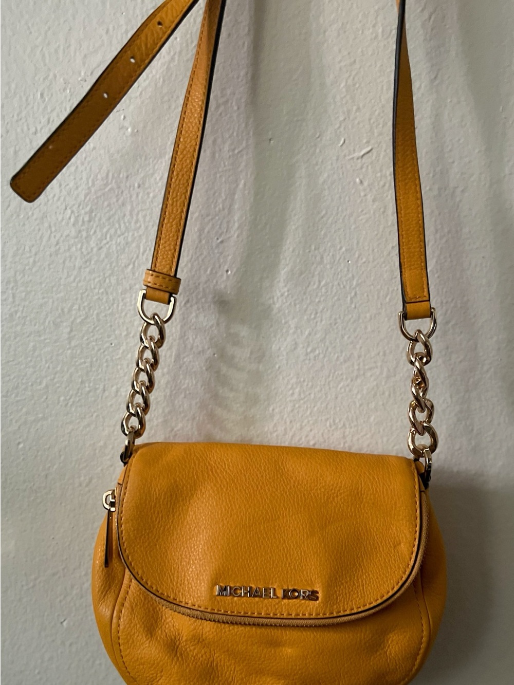 Michael Kors Yellow Pebbled Leather Chain-Accent Crossbody
